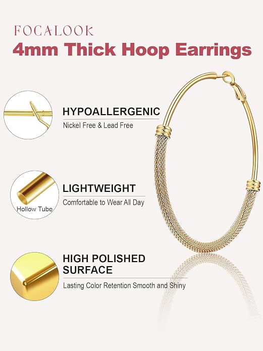 FOCALOOK 14K Gold Plated Hoop Earrings, Lightweight Hypoallergenic Large Stainless Steel Black Hoops Earrings for Women 20/30/40/50/60/70/80mm