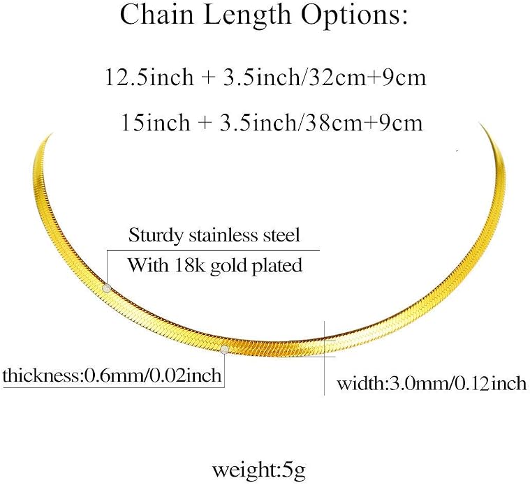 FindChic Black/14K Gold Plated Herringbone Choker Chain Necklace for Women | Waterproof Stainless Steel, Dainty Layering, Flat Snake Chain, Non-Tarnish, Hypoallergenic, Adjustable Extender, Gift Box