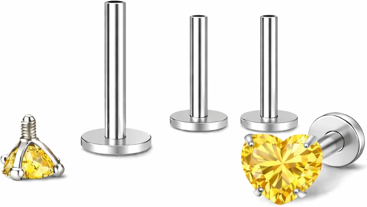 Titanium Heart CZ Labret Stud Earrings for Piercings by Ginger Lyne 6Pc Set G23 Screw Front Flat Back Body Jewelry 2 pair post 6mm, 8mm Cartilage, Helix, Tragus, Lip, Conch, Lobe