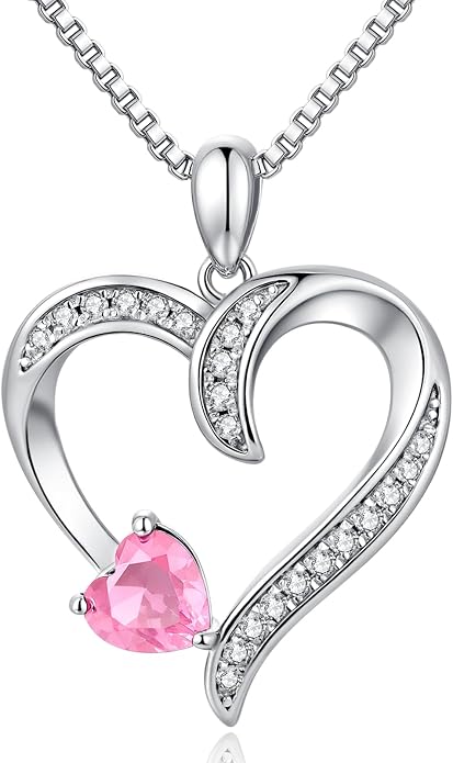 Love Heart Necklace for Women, 925 Sterling Silver Cubic Zirconia Birthstone Heart Pendant Jewelry Gift for Mom, Mother, Wife, Girlfriend on Birthday, Mother's Day, Chain 18 inch