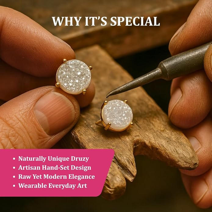 Gempires Gemstone Druzy Stud Earrings for Women 14k Gold Plated Handmade Prong Set Studs Raw Crystal Hypoallergenic Jewelry Minimalist Every Ocassion Gift