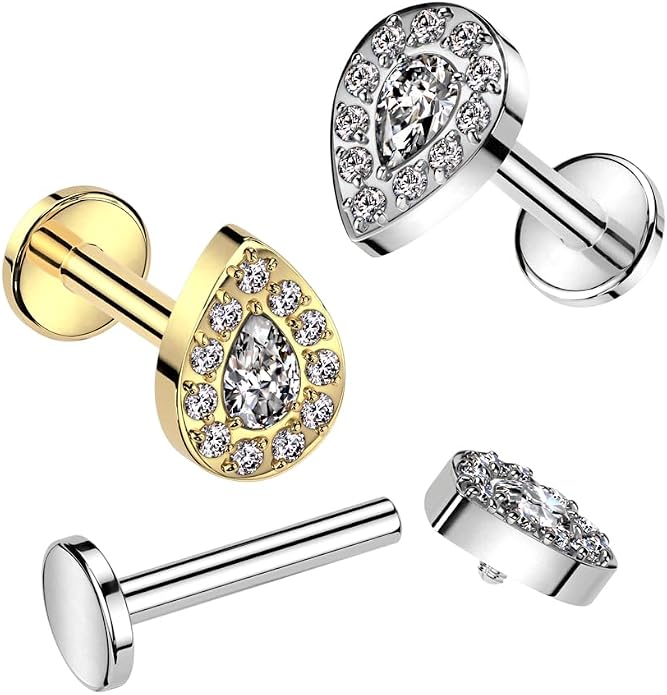 Pierced Owl 16GA ASTM F-136 Implant Grade Titanium Internally Threaded CZ Crystal Teardrop Flat Back Stud