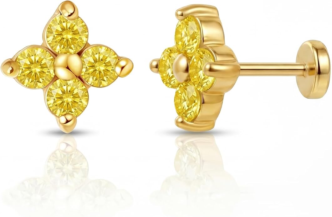 FANSING Short Threadless Cartilage Earring Stackable CZ Birthstone Flat Back Earrings for Women Small Stud Earrings for Tragus Helix Earlobe 18K Gold Plated ‌Rainbow 5.0mm