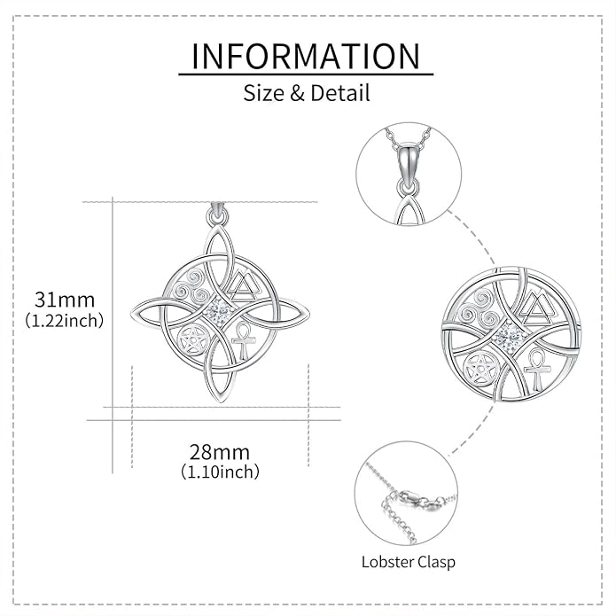 YAFEINI Sterling Silver Witches Knot Pendant Necklace - Celtic Cross Witch Jewelry Amulet Gifts for Women