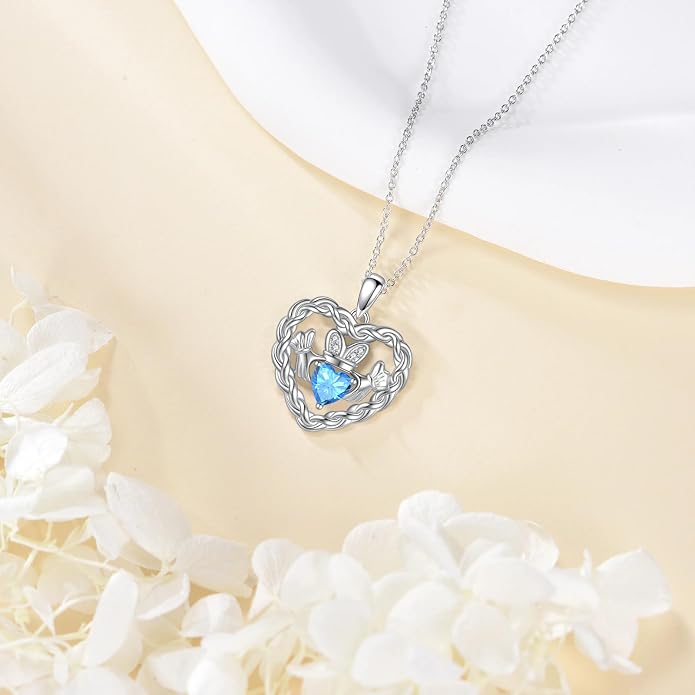 Birthstone Claddagh Heart Necklace 925 Sterling Silver Heart Celtic Knot Claddagh Necklace Pendant Irish Jewelry Gifts for Women Mom Wife Sister Christmas Birthday,18+2 inch
