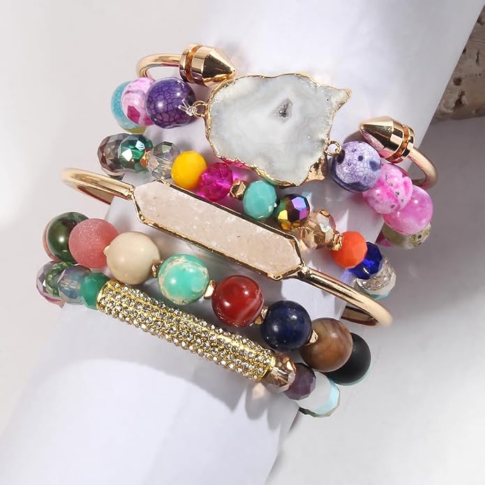 Yomisa 5PCS 6PCS Natural Boho Beaded Bracelets/Bangle for Women Men,Healing Turquoise Jasper Agate Crystal Gemstone Stone Chakra Multilayer Wrap Bohemian Handmade Jewelry Beads Stretch Bracelet Set