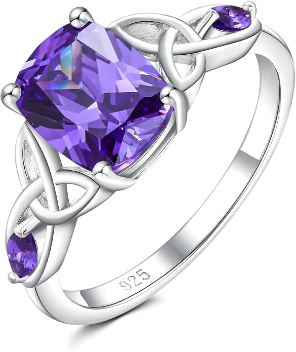 925 Sterling Silver Birthstone Rings for Women Cushion Cut Engagement Celtic Knot Ring Irish Jewelry Created Gemstone Anniversary Rings Size 6-10(with Box)