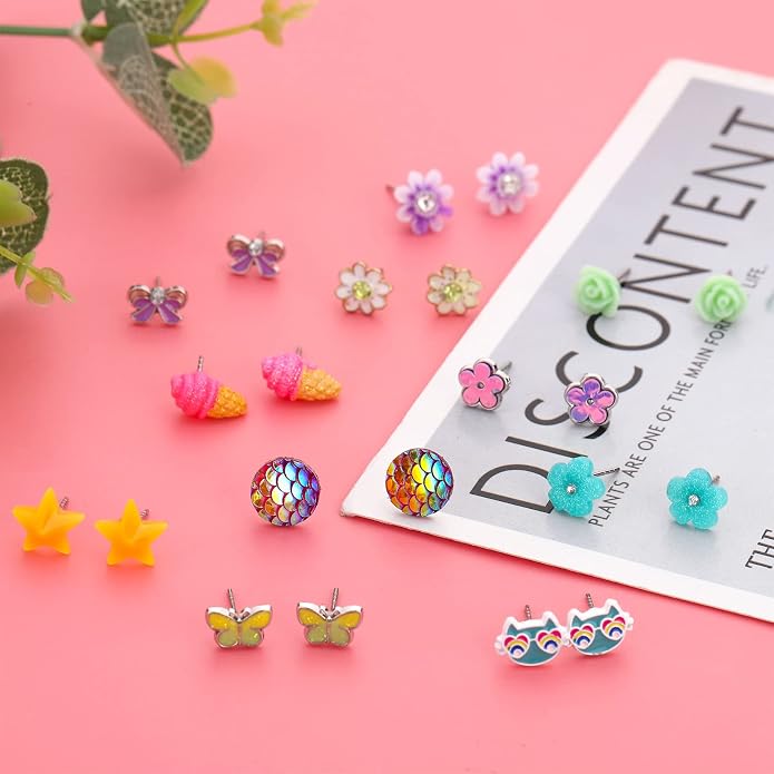 NEWITIN 100 Pairs Colorful Cute Earrings for Girls Sensitive Ears Hypoallergenic Girl Stud Earrings Set Stainless Steel Cartoon Stud for Girls and Women