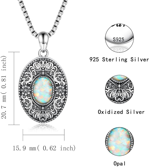 Sterling Silver Locket Necklace for Women Opal Oval-shaped Hold Pictures Photo Pendant Vintage Roses Cross Memory Jewelry Gifts for Women