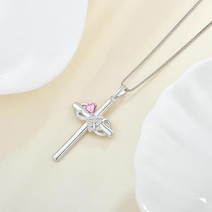 Infinity Butterfly Cross Necklace for Women 925 Sterling Silver Christian Religious Crucifix Pendant Birthstone Jewelry Gifts for Her