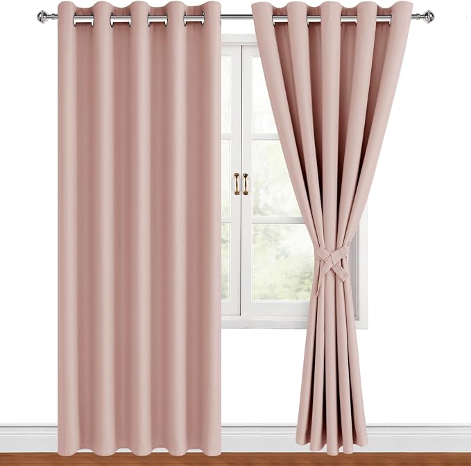 Hiasan Blackout Curtains for Bedroom, 60 x 84 Inches Long - Thermal Insulated Noise reducing Window Curtains for Living Room, 2 Drape Panels Sewn with Tiebacks, Blush