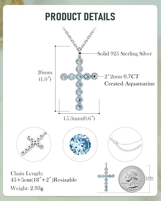 925 Sterling Silver 18 inch Birthstone Cross Pendant Necklace for Women Men