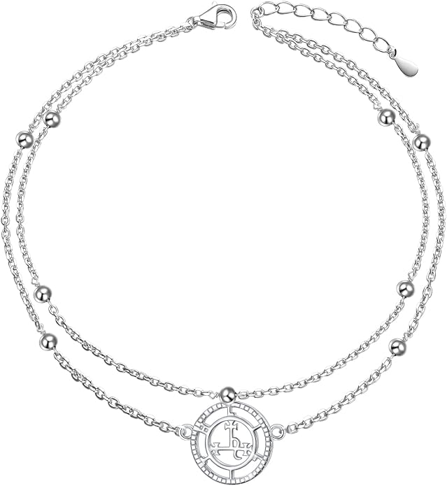 Ladytree S925 Sterling Silver Boho Beach Double Layer Anklets Bracelet for Women Adjustable 9 to 11 inches