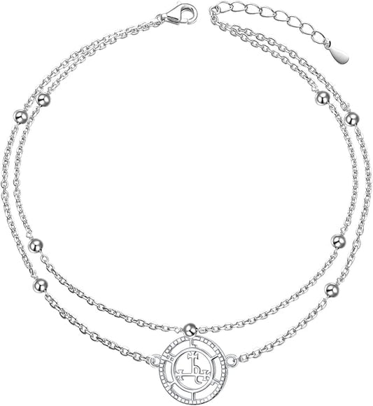 Ladytree S925 Sterling Silver Boho Beach Double Layer Anklets Bracelet for Women Adjustable 9 to 11 inches