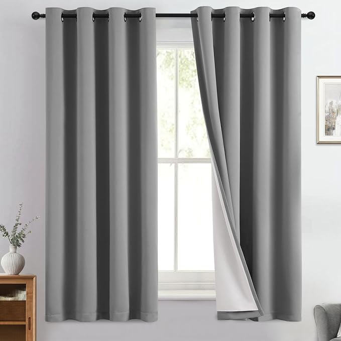 Yakamok Dove Grey 100% Blackout Curtains 63 Inches Long 50" Wide 2 Panel | Blackout Curtain Panels for Bedroom, 2 Thick Layers Grommet Top Thermal Insulated Drapes with White Back for Living Room