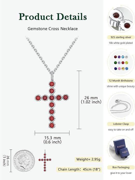 Sterling Silver Cross Necklace for Women Birthstone Religious Jewelry