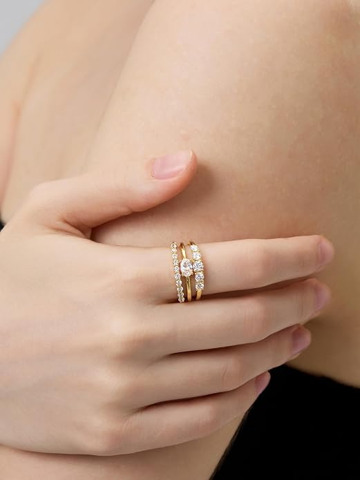 14k Gold Rings For Women,Dainty Chunky Gold Stacking Rings, 3-in-1 One Piece Ring,Trendy CZ & Opal Statement Ring for Women