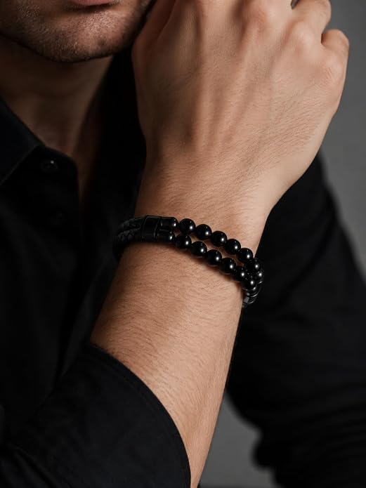 Black Braided Leather Bracelet for Men with Turquoise, Lapis Lazuli, Tiger Eye, Obsidian Stone Double-Row Wristband Beads with Stainless Steel Clasp Fashion Jewelry Gift for Him