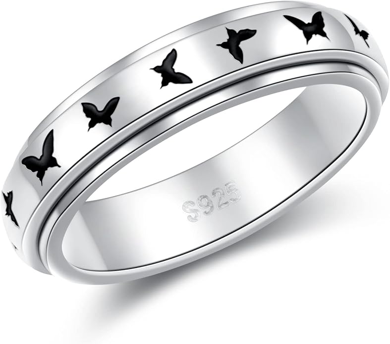 Alphm S925 Sterling Silver Spinner Fidget Anxiety Worry Relieving Boredom ADHD Autism Band Rings