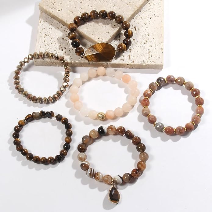 Yomisa 5PCS 6PCS Natural Boho Beaded Bracelets/Bangle for Women Men,Healing Turquoise Jasper Agate Crystal Gemstone Stone Chakra Multilayer Wrap Bohemian Handmade Jewelry Beads Stretch Bracelet Set