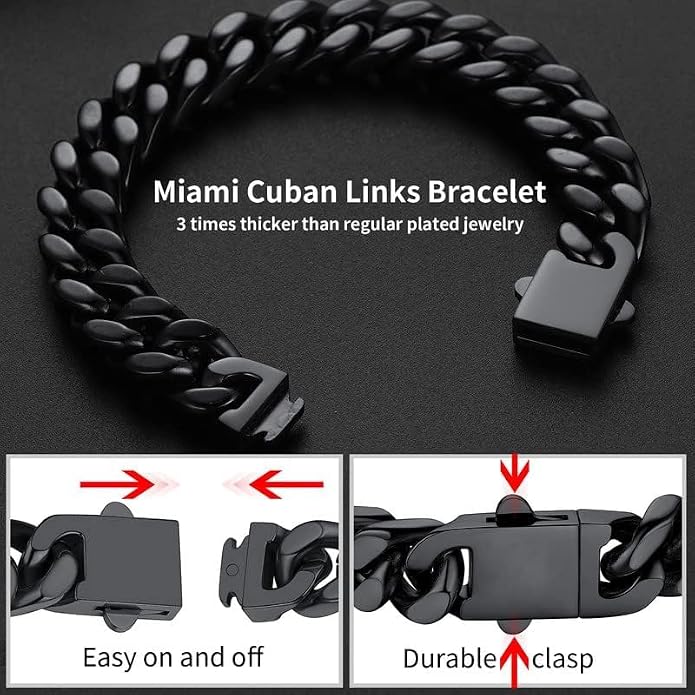 ChainsHouse Stainless Steel Cuban Link Bracelet for Men, 5mm/7mm/9mm/12mm Width, 7.5"/8.3"/9" Length, Black/18K Gold Plated Chain Wrist Bracelets for Men, with Gift Box