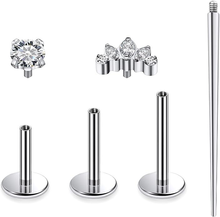Ruifan Titanium Flat Back Lip Rings Internally Threaded Earrings Studs Nose Rings 16G Opal CZ Tragus Cartilage Lobe Rook Helix Conch Labret Medusa Piercing Jewelry for Women Men W Piercing Taper Set