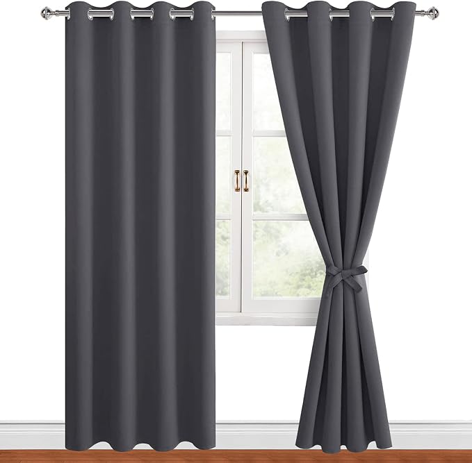 Hiasan Blackout Curtains for Bedroom, 52 x 84 Inches Long - Thermal Insulated & Light Blocking Window Curtains for Living Room, 2 Drape Panels Sewn with Tiebacks, Dark Grey