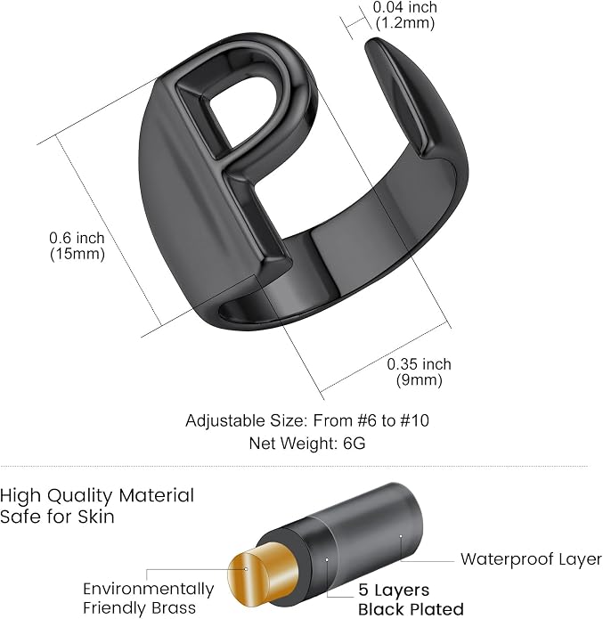KeyStyle Bold Initial Letter Rings Adjustable, GoldChic Jewelry Women Gold Statement Ring Personalized Engraved Women’s Open Signet Ring for Party (Gold, White Gold, Black)