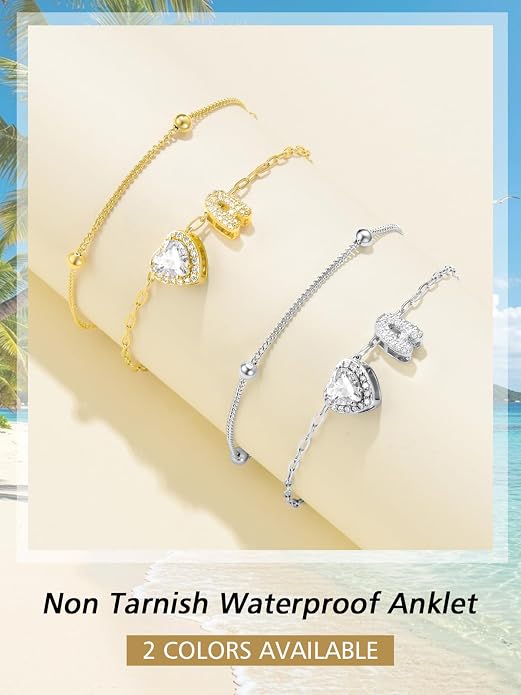 FindChic Silver/14K Gold Plated Layered CZ Initial Ankle Bracelet for Women | Waterproof Stainless Steel, Cubic Zirconia Letter Charm, Non-Tarnish, Hypoallergenic, Adjustable Extender, Summer Jewelry