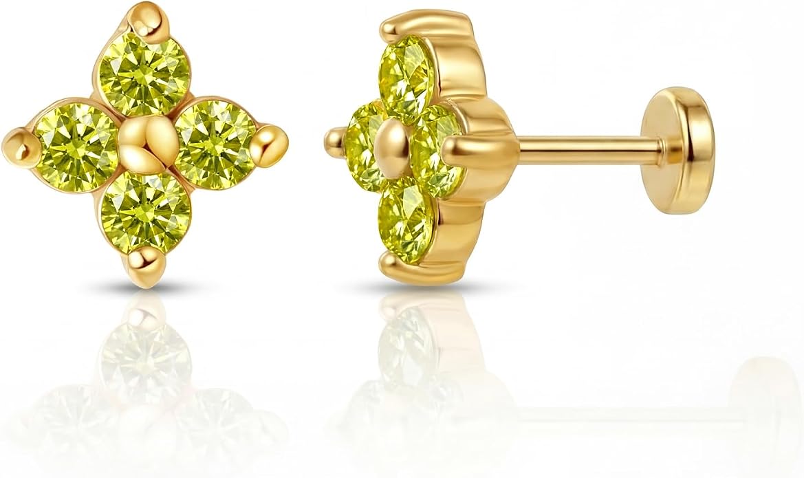 FANSING Short Threadless Cartilage Earring Stackable CZ Birthstone Flat Back Earrings for Women Small Stud Earrings for Tragus Helix Earlobe 18K Gold Plated ‌Rainbow 5.0mm
