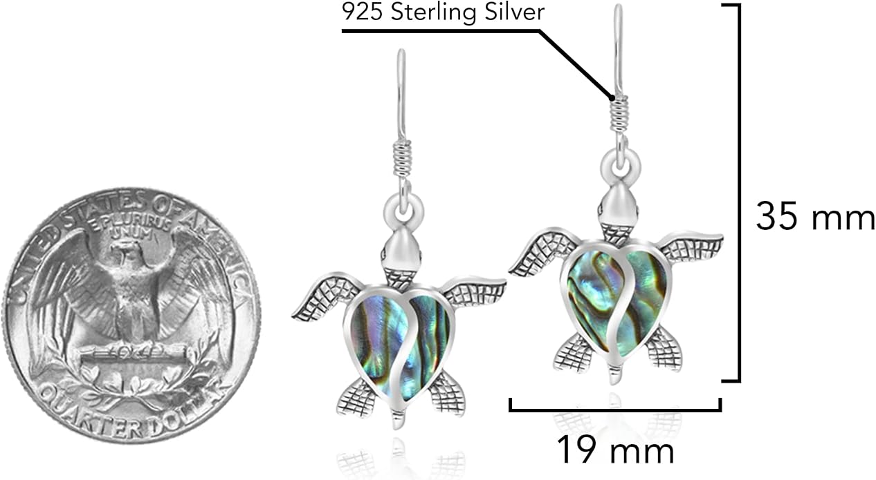 AeraVida Love Life Sea Ocean Turtle Heart Abalone Shell Sterling Silver Dangle Earrings | Elegant Ocean-Inspired Turtle Earrings for Women | Sterling Silver and Abalone Shell Jewelry