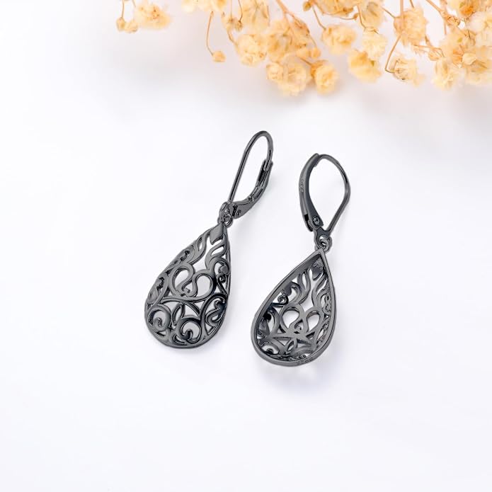 VONALA Filigree Teardrop Earrings for Women Sterling Silver Filigree Teardrop Dangle Earrings Filigree Leverback Earrings for Women Birthday Gift