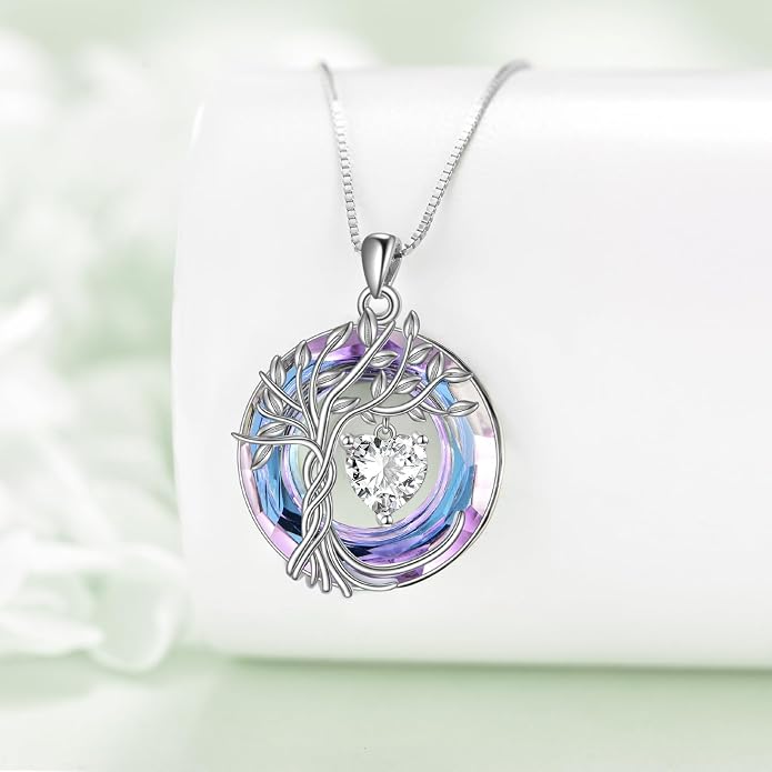 POPLYKE Mothers Day Gifts for Mom Her Wife Tree of Life Necklace 925 Sterling Silver Birthstone Pendant with Crystal Anniversary Birthday Wedding Jewelry for Women
