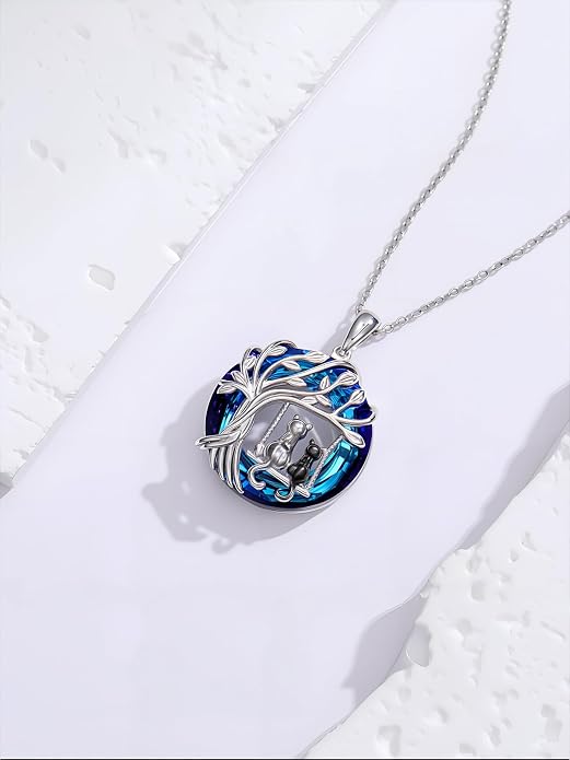 TOUPOP Cat Necklace Gifts for Women Sterling Silver Celtic Mounatin Moon Pendant with Blue Crystal Birthday Christmas Jewelry Gifts for Women