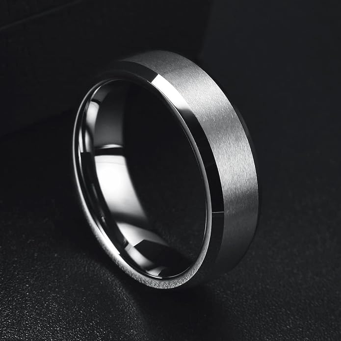 King Will Tungsten Men's Wedding Ring - Available in 6mm to 10mm, Black/Silver, Matte Finish, Beveled Polished Edge, Comfort Fit