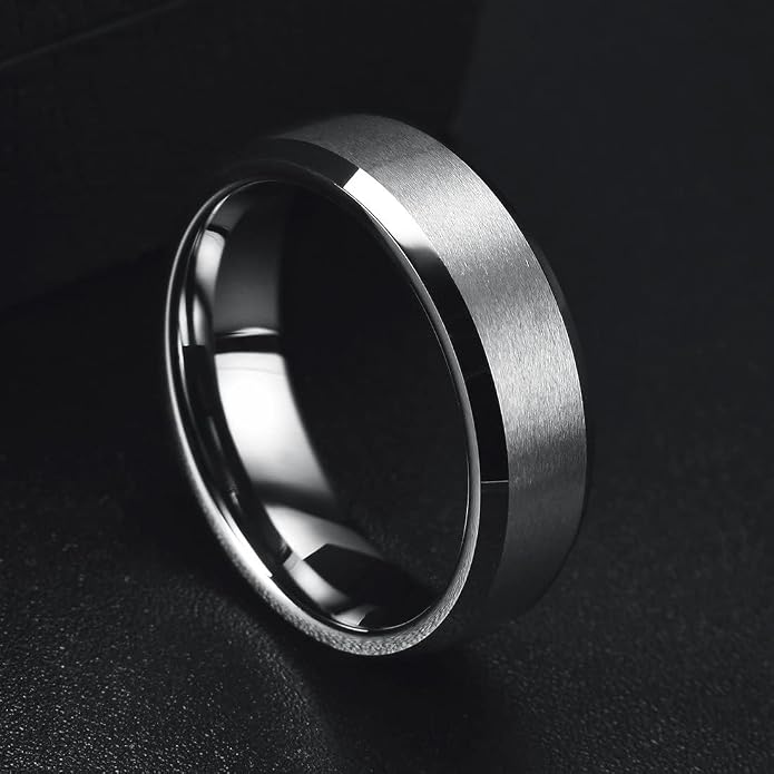 King Will Tungsten Men's Wedding Ring - Available in 6mm to 10mm, Black/Silver, Matte Finish, Beveled Polished Edge, Comfort Fit