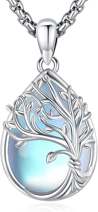 Sterling Silver Tree of Life Necklace for Women Oval Family Tree Necklace Abalone Shell Moonstone Pendant Mother Day Necklace for Mom Tree of Life Jewelry