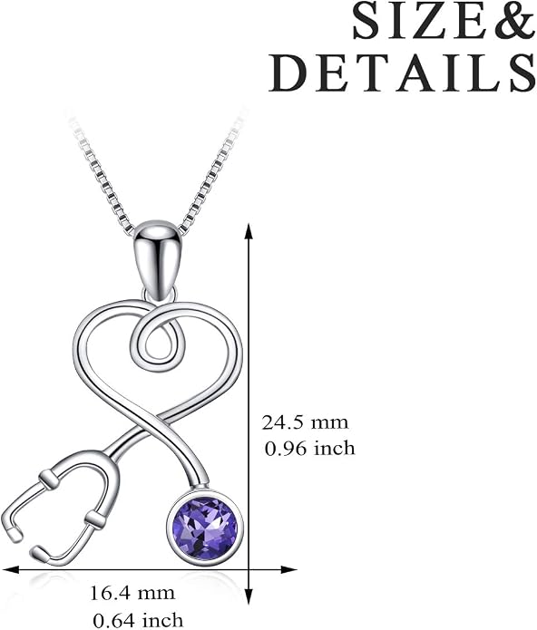 AOBOCO Stethoscope Necklace 925 Sterling Silver Embellished with 12 Months Birthstone Crystals from Austria, Graduation Gifts Medical Jewelry for Doctor Nurse Medical Student RN