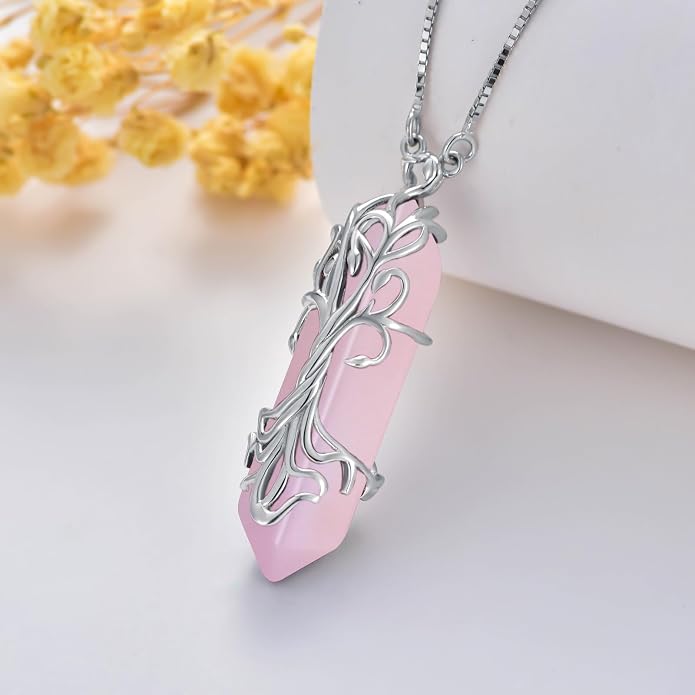 Healing Crystal Necklace 925 Sterling Silver Sunflower/Tree of Life Wrapped Pendant Reiki Energy Jewelry for Women
