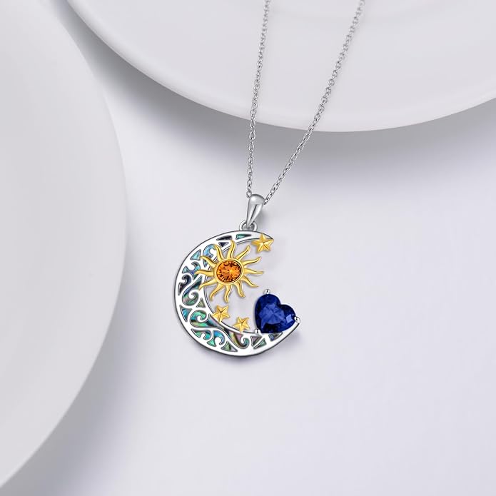 AOBOCO 925 Sterling Silver Sun and Moon Star Pendant Necklace with Simulated Birthstone, Birthday Christmas Jewelry Gift for Women Teen Girls