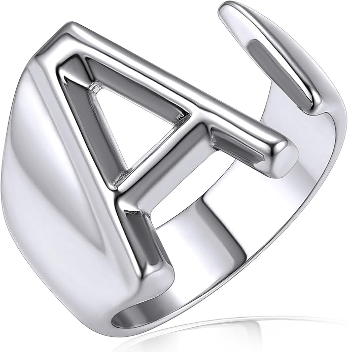 KeyStyle Bold Initial Letter Rings Adjustable, GoldChic Jewelry Women Gold Statement Ring Personalized Engraved Women’s Open Signet Ring for Party (Gold, White Gold, Black)
