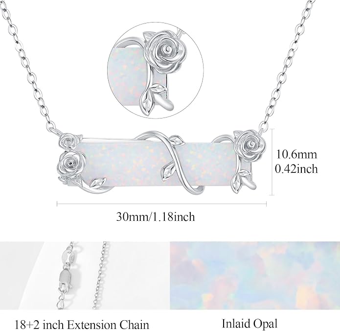 Bar Opal Leaf Necklace For Women S925 Sterling Silver White Opal Pendant with Leaf Charm Bar Pendant Jewelry Gift For Mom Daughter Wife