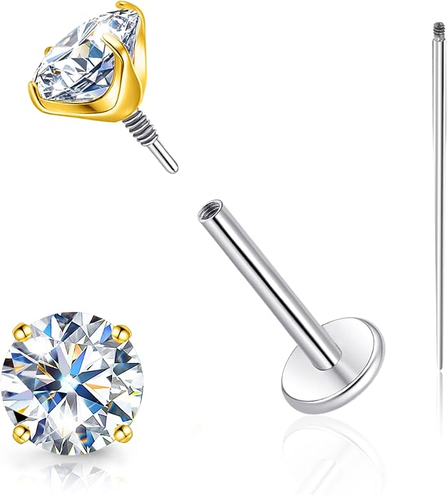 Limerencia Moissanite Internal Thread 18G Titanium Earrings, Hypoallergenic F136 Titanium Flat Back Piercing Studs, VVS1 Lab-created Moissanite Studs for Women Men Tragus Helix Cartilage Conch Labret