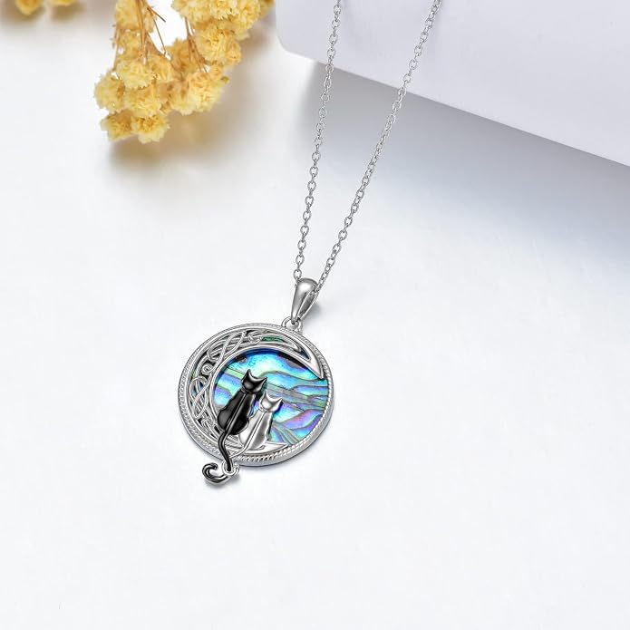 TOUPOP Cat Necklace Sterling Silver Abalone Shell Celtic Cat on the Moon with Abalone Shell Birthday Christmas Jewelry Gifts for Women