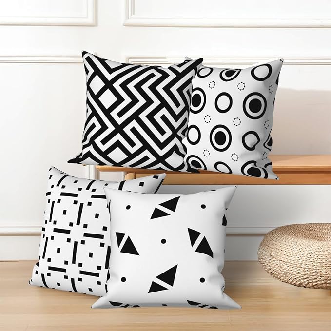 Black White Geometric Throw Pillow Cover 16"x16" Set of 4, Modern Minimalist Abstract Irregular Pattern Cushion Cover for Sofa Chair Couch Bed Office Patio Farmhouse Indoor Outdoor