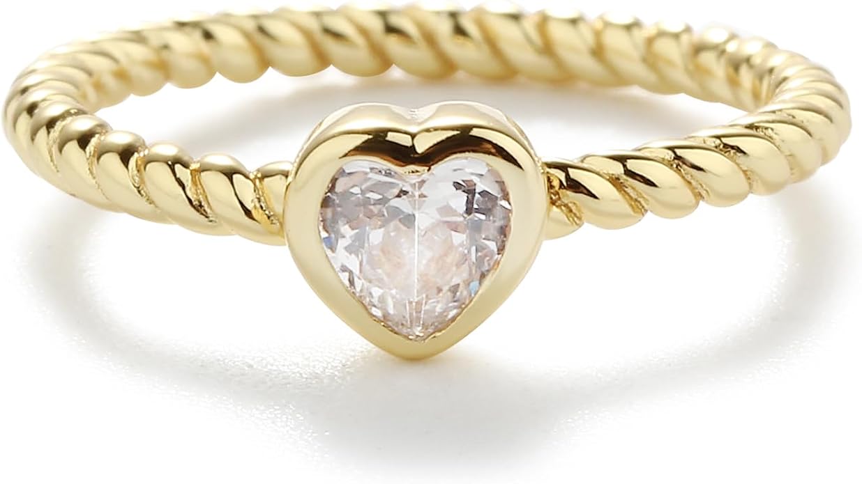 Precious Pieces 14K Gold Plated over .925 Sterling Silver Twisted Rope Band Baby Ring with Heart Birthstone CZ for Babies, Infants, Toddlers, Little Girls, Stackable or Pinky Ring for Teens and Women
