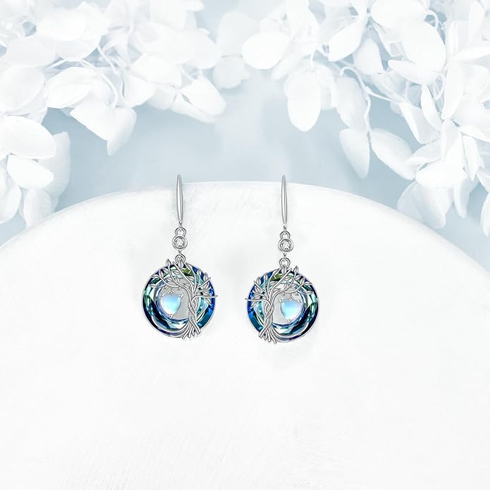 POPLYKE Tree of Life Birthstone Earrings 925 Sterling Silver Dainty Gemstone Birthstone Dangle Drop Earring with Crystal Fine Jewelry Birthday Gifts for Women Her