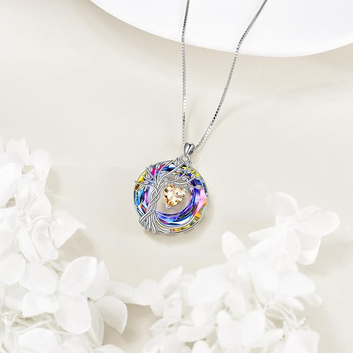 POPLYKE Mothers Day Gifts for Mom Her Wife Tree of Life Necklace 925 Sterling Silver Birthstone Pendant with Crystal Anniversary Birthday Wedding Jewelry for Women