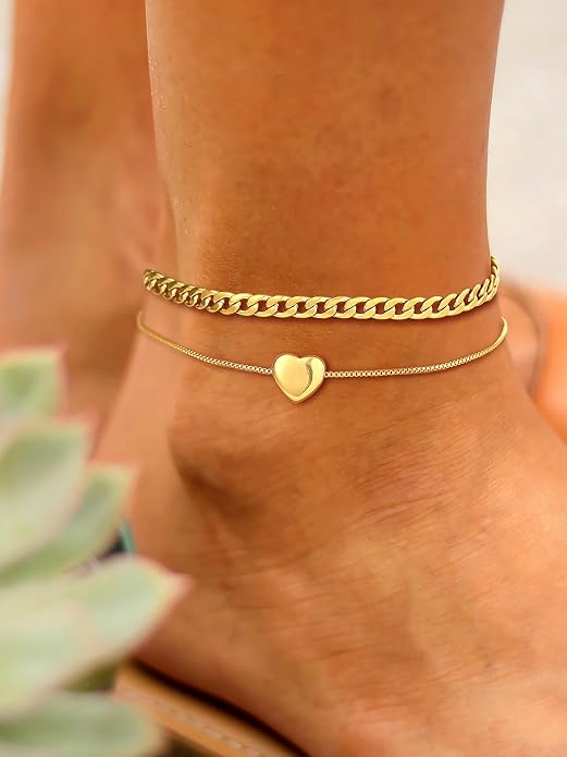 U7 2Pcs/3Pcs Ankle Bracelets for Women, Stainless Steel Cuban Link/Figaro/Rope/Heart Chain Anklets Sets,Waterproof Layered Anklets Adjustable 8.5"-10.5"