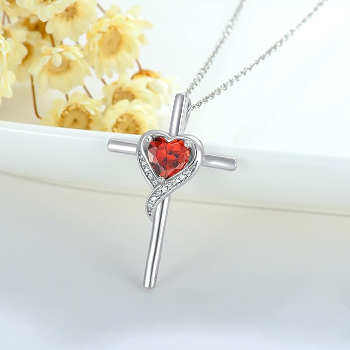 TOUPOP Birthstone Cross Necklace for Women 925 Sterling Silver Heart Cross Pendant Necklace Mothers Day Birthday Jewelry Gifts for Mom Wife Her